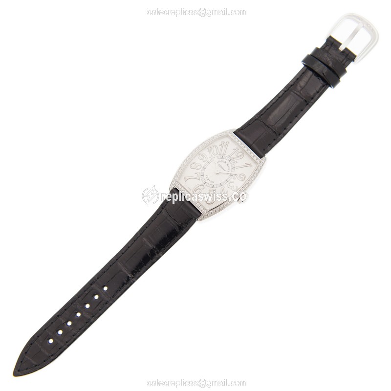 Franck Muller Cintree Curvex Replica - Quartz - Diamond Case - White Dial, Alligator Buckle - View 2