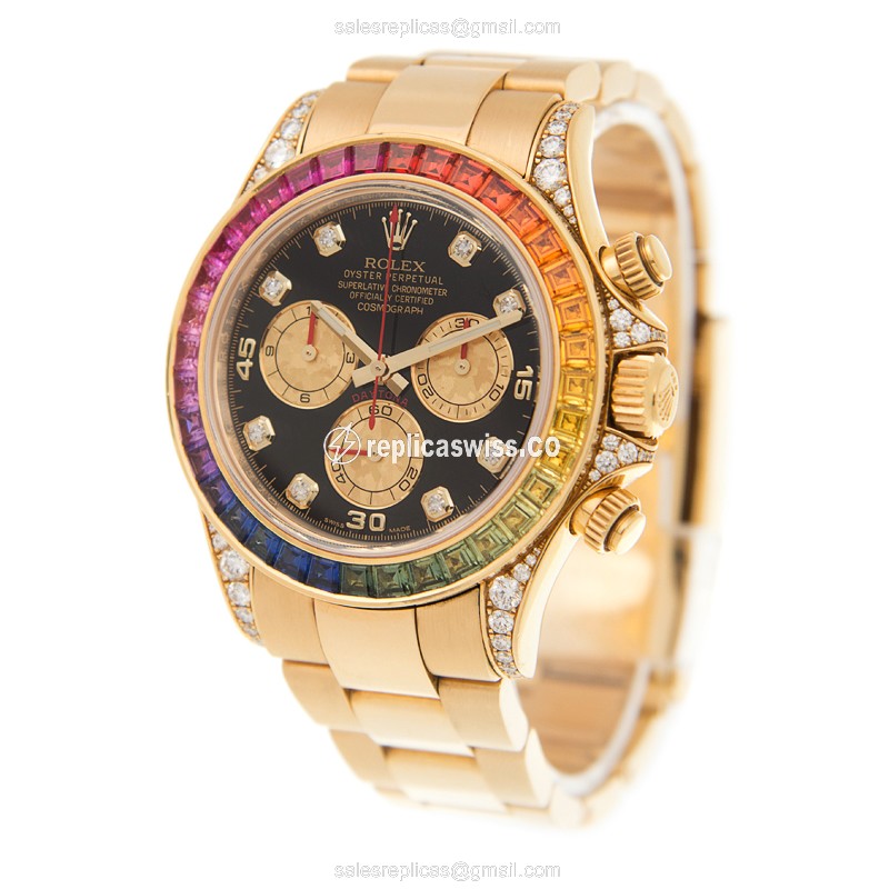 Rolex Daytona Replica - Automatic - 18kt Gold - Diamond Bezel - Black Dial - View 3