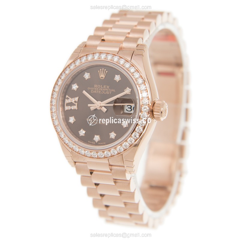 Rolex Lady Datejust Replica - Automatic - 18kt Rose Gold Case - Brown Dial on Gold Strap - View 3