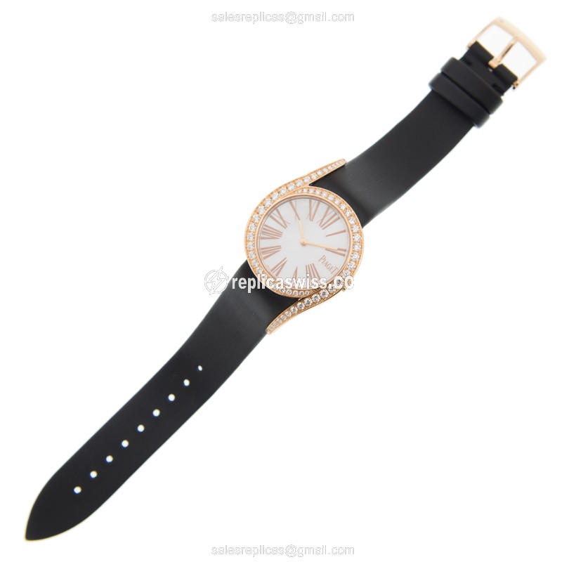 Piaget Limelight Replica - Manual - 18kt Rose Gold - Diamonds - White Dial - Buckle Clasp - Black Satin Strap - View 2