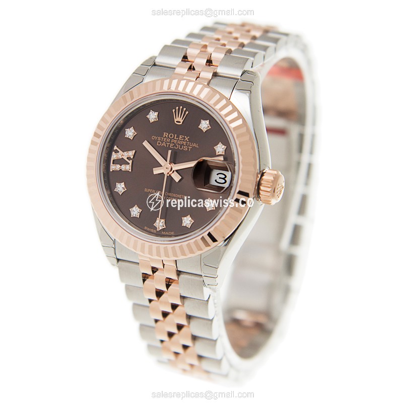Rolex Lady Datejust Replica - Automatic - 18kt Rose Gold - Steel Case - Brown Dial - View 3