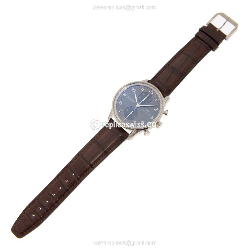 IWC Portuguese Replica - Automatic - 18kt White Gold - Dark Grey Dial - Brown Alligator Strap - View 2