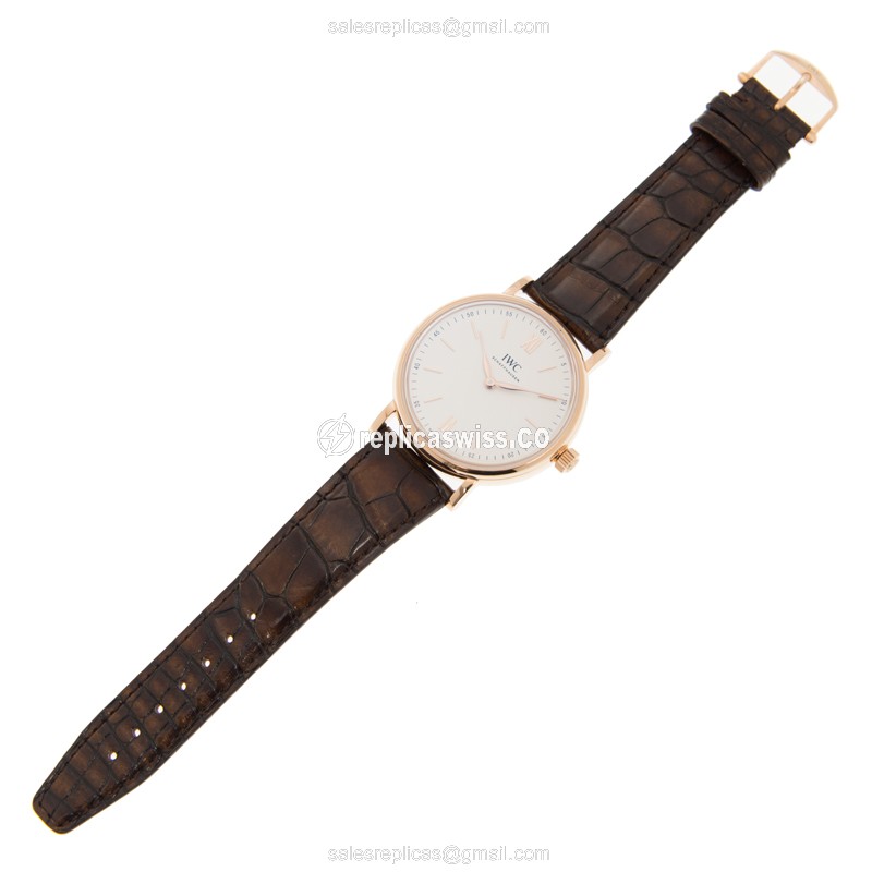 IWC Portofino Replica - Manual - 18kt Gold - White Dial - Brown Alligator - Buckle - View 2