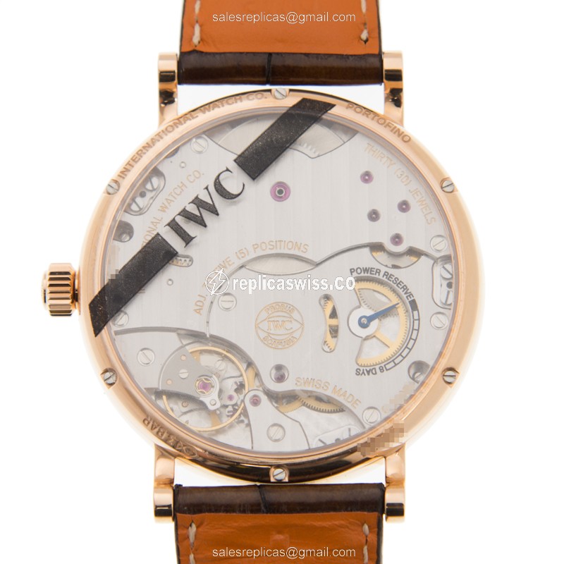 IWC Portofino Replica - Manual - 18kt Gold - White Dial - Brown Alligator - Buckle - View 3
