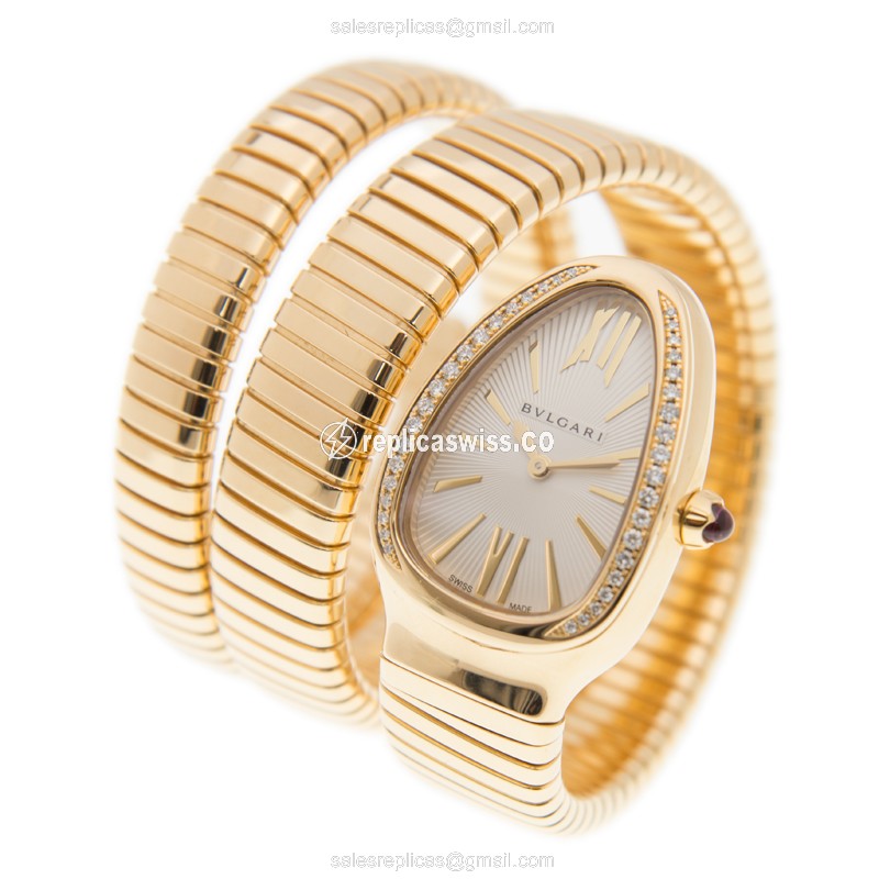 Bulgari Serpenti Replica - Quartz - 18kt Yellow Gold - Silver Dial - Gold Strap - View 3