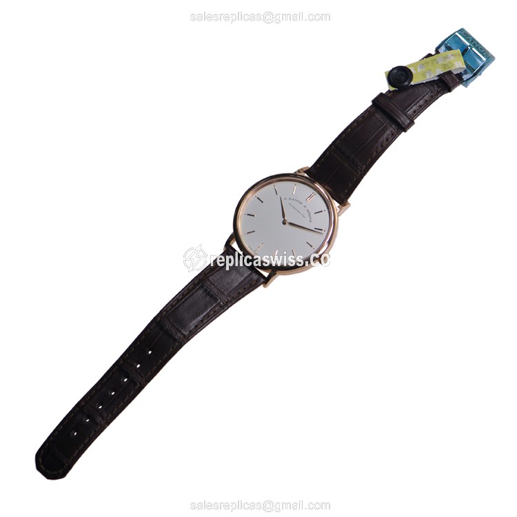 A. Lange & Söhne SAXONIA Manual Wind - 18kt Rose Gold - White Dial - Brown Alligator Strap - Buckle Clasp - View 2