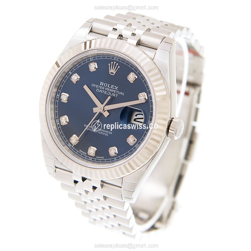 Rolex DATEJUST Replica - Automatic - White Gold - Blue Dial, Steel Clasp & Silver Strap - View 3