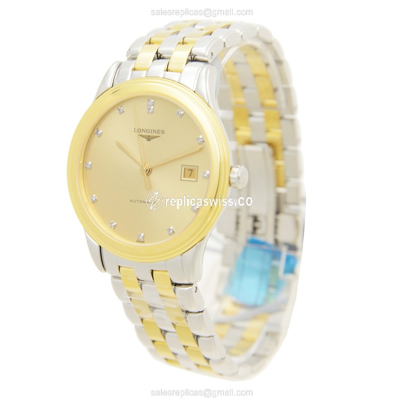 Longines L4.874.3.37.7 Flagship - Automatic - Gold-Plated Case, Gold Dial, Steel Strap - View 3
