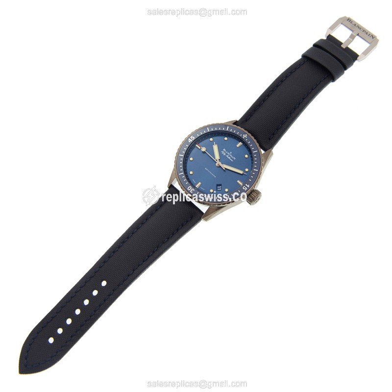 Blancpain 5000-0240-O52A Replica - Automatic - Ceramic - Blue Dial - Blue Canvas Strap - View 2