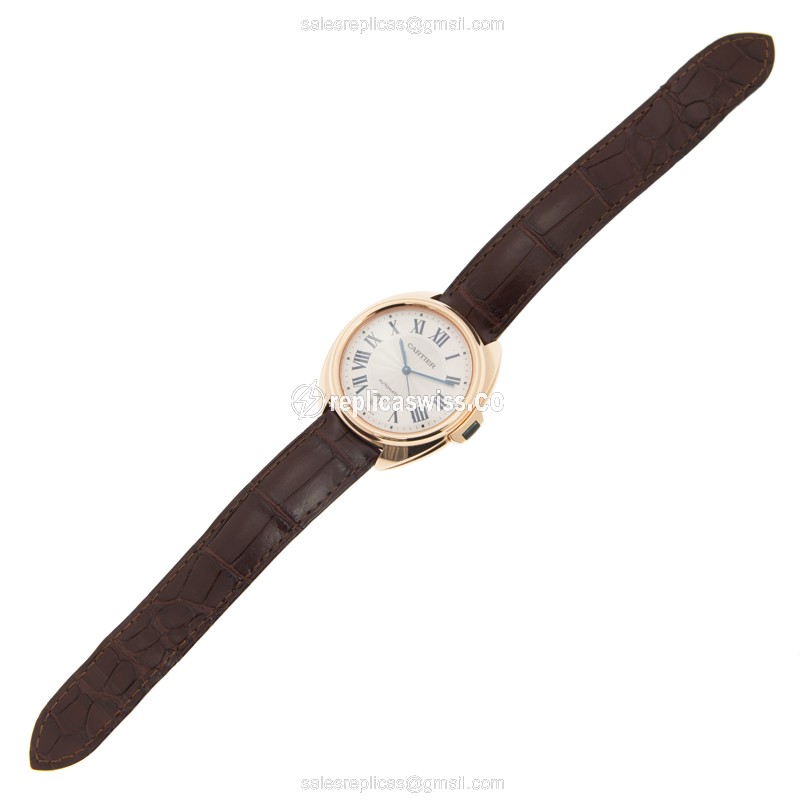 Cartier WGCL0019 CLe DE CARTIER Replica - Auto - 18kt Rose Gold - Silver Dial - Brown Alligator Strap - View 2
