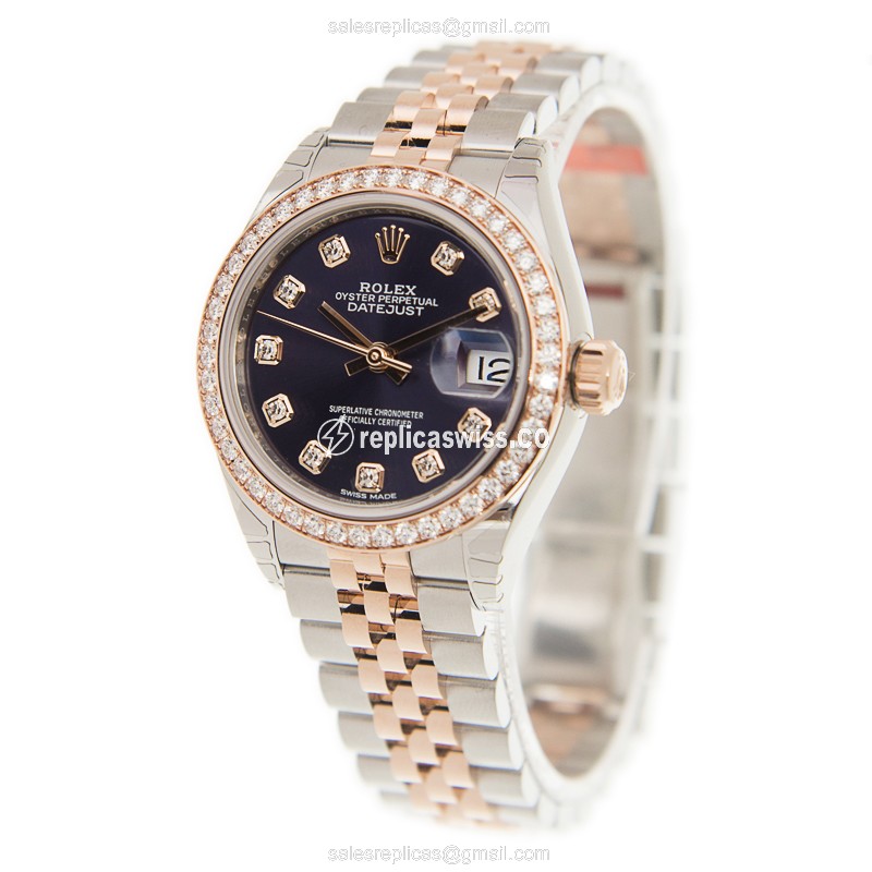 Rolex Datejust Replica - Automatic - 18kt Rose Gold - Purple Dial, Diamond Clasp & Gold Steel Strap - View 3