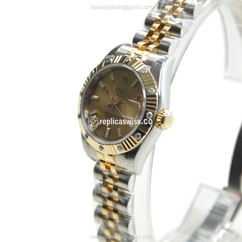 Rolex Lady Datejust Replica - Automatic | Gold Dial | Clasp | Silver Strap - View 3