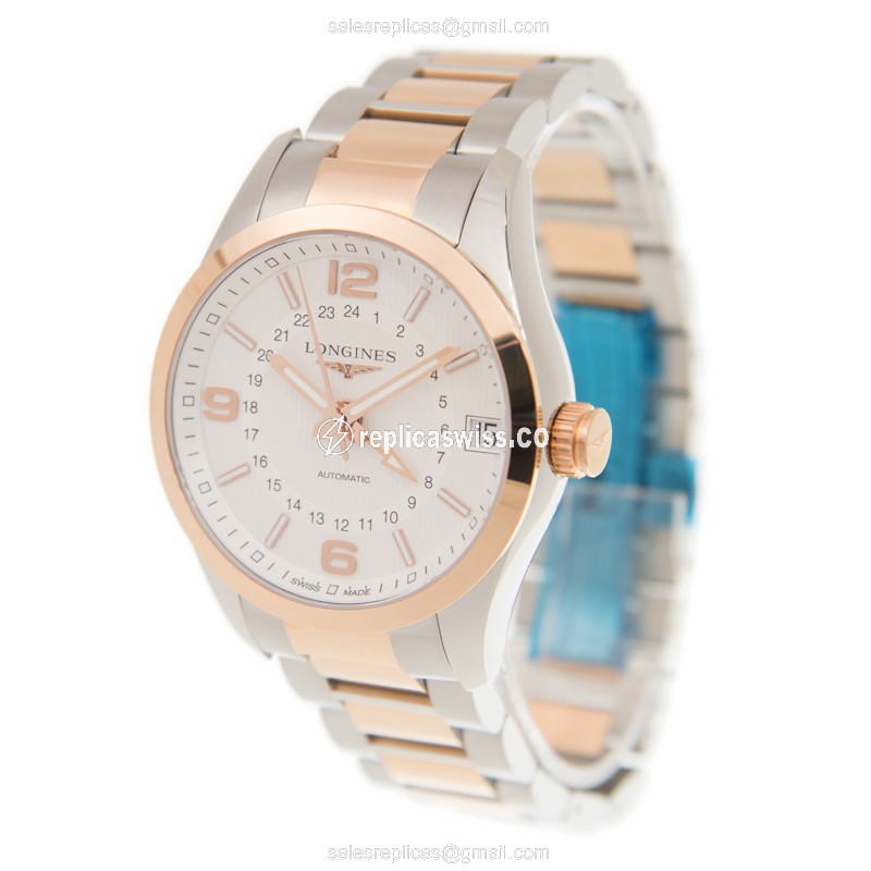Longines Conquest Replica - Automatic - 18kt Rose Gold & Steel - White Dial - Gold Clasp - View 3
