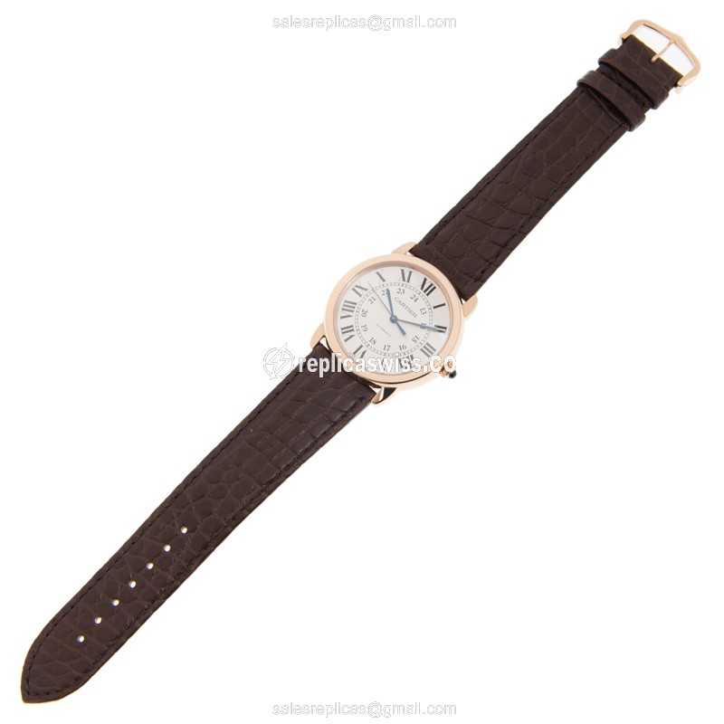 Cartier Rotonde Replica - Automatic - 18kt Rose Gold - White Dial - Brown Alligator Buckle - View 2