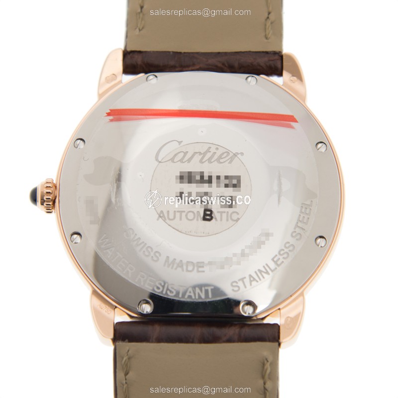 Cartier Rotonde Replica - Automatic - 18kt Rose Gold - White Dial - Brown Alligator Buckle - View 3