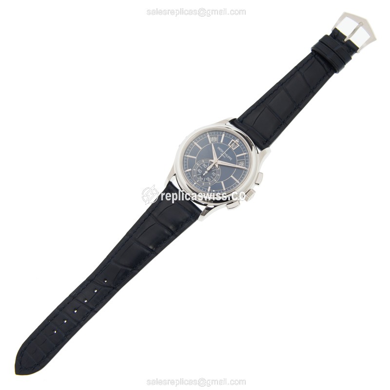 Patek Philippe 5905P-001 Complications - Auto - 950 Platinum - Blue Dial - Alligator Blue Buckle - View 2