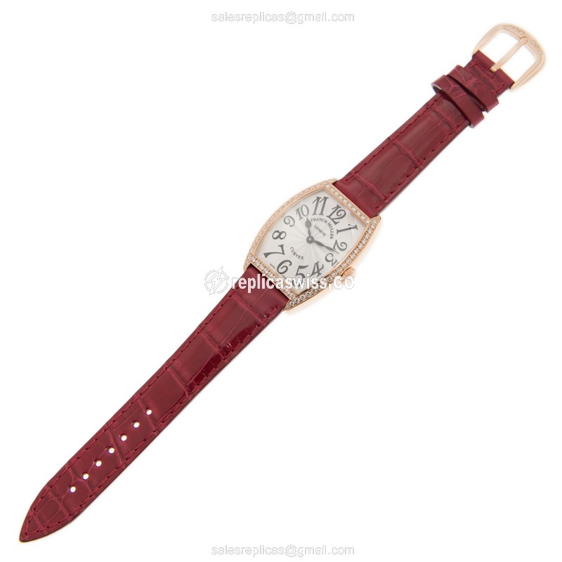 Franck Muller 7502 QZ D 1R CINTREE CURVEX - Quartz - 18kt Rose Gold - Diamonds - Silver Dial - Red Alligator Strap - View 2