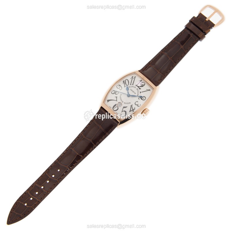 Franck Muller 7851 SC DT 5N Curvex Replica - Automatic - 18kt Rose Gold Case - Silver Dial on Brown Alligator Strap - View 2