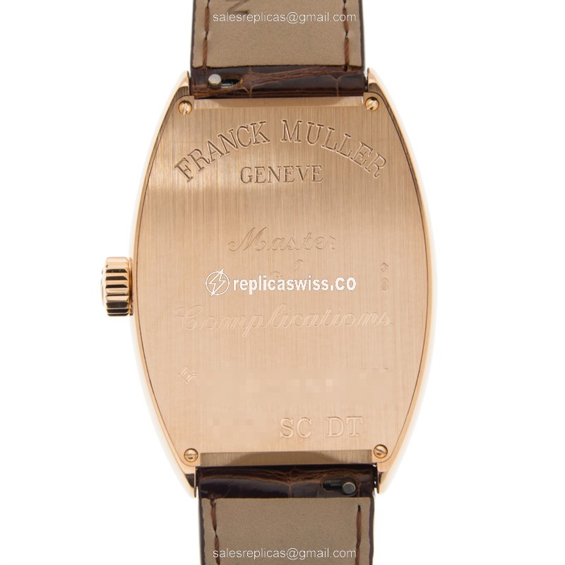 Franck Muller 7851 SC DT 5N Curvex Replica - Automatic - 18kt Rose Gold Case - Silver Dial on Brown Alligator Strap - View 3