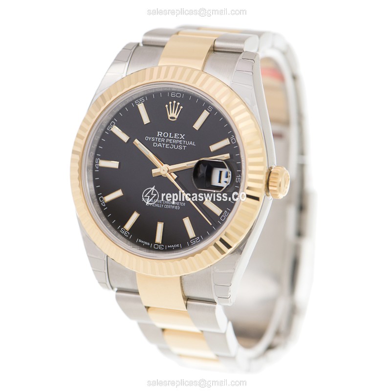 Rolex Datejust Replica - Automatic - 18kt Gold Case - Black Dial, Gold Strap - View 3