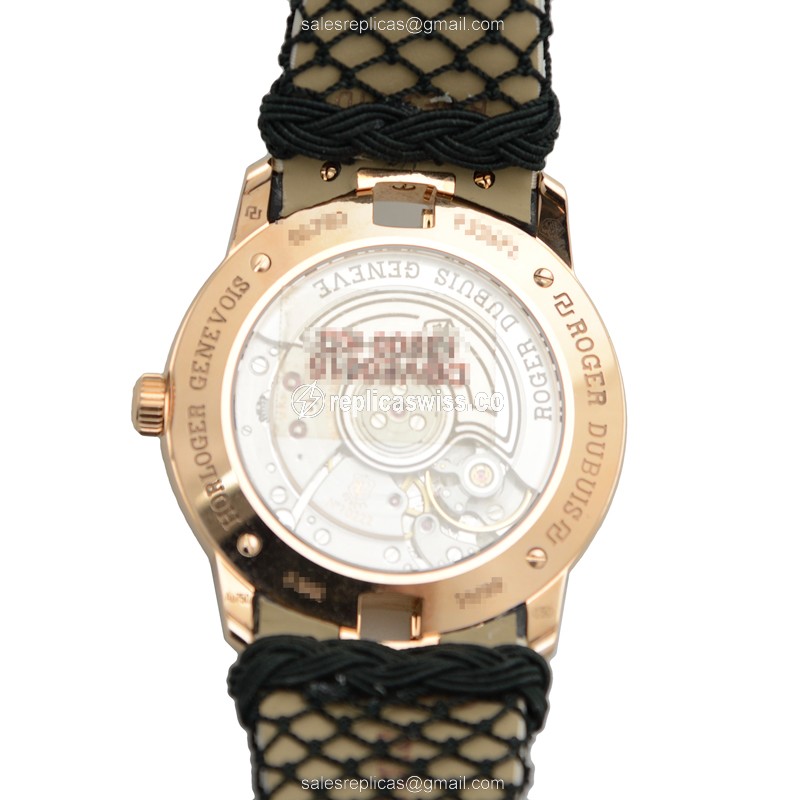 Roger Dubuis RDDBVE0015 Replica - Automatic 18kt Rose Gold - Diamond Accents - Black Dial - Satin Black Strap - View 3