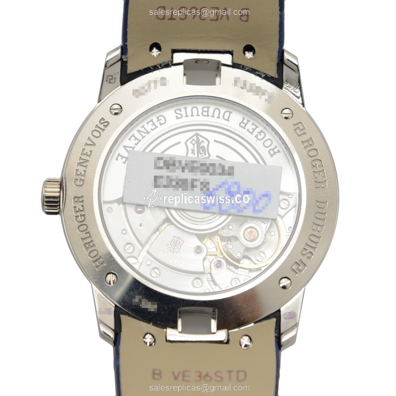 Roger Dubuis RDDBVE0034 Replica - Automatic - 18kt White Gold - White Dial - Blue Alligator Strap - View 3
