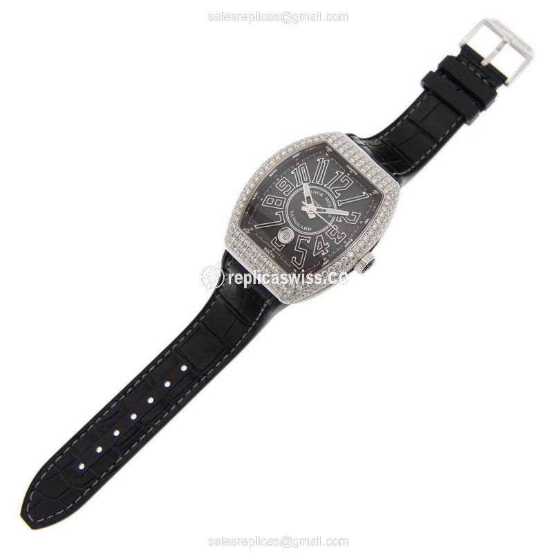 Franck Muller V41 SC DT D - Automatic - 18kt White Gold - Diamond - Black Dial - Leather Strap - View 2