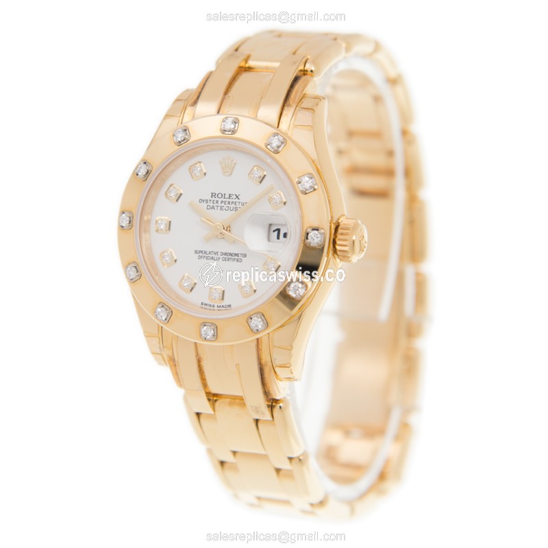 Rolex Datejust Lady Replica - Gold Case - White Dial - Gold Strap - View 3