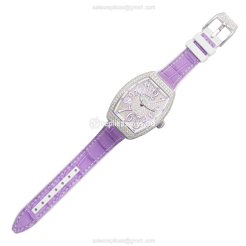 Franck Muller V32QZCD Quartz - Diamond Case - Silver Dial - Leather Purple Strap - View 2