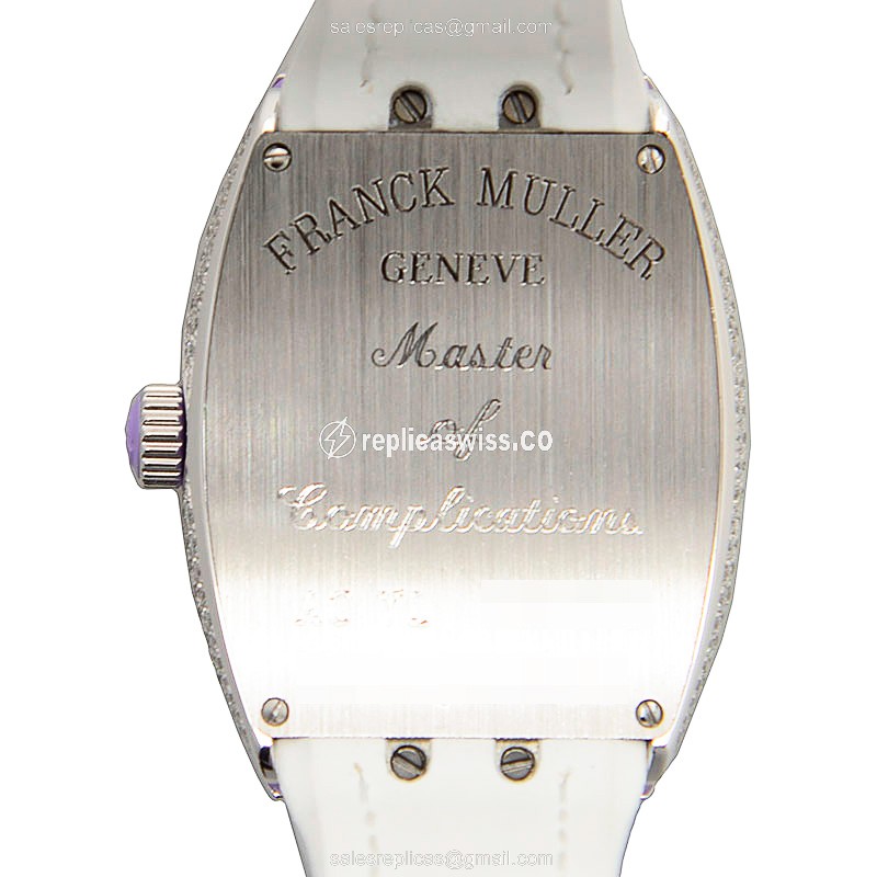 Franck Muller V32QZCD Quartz - Diamond Case - Silver Dial - Leather Purple Strap - View 3