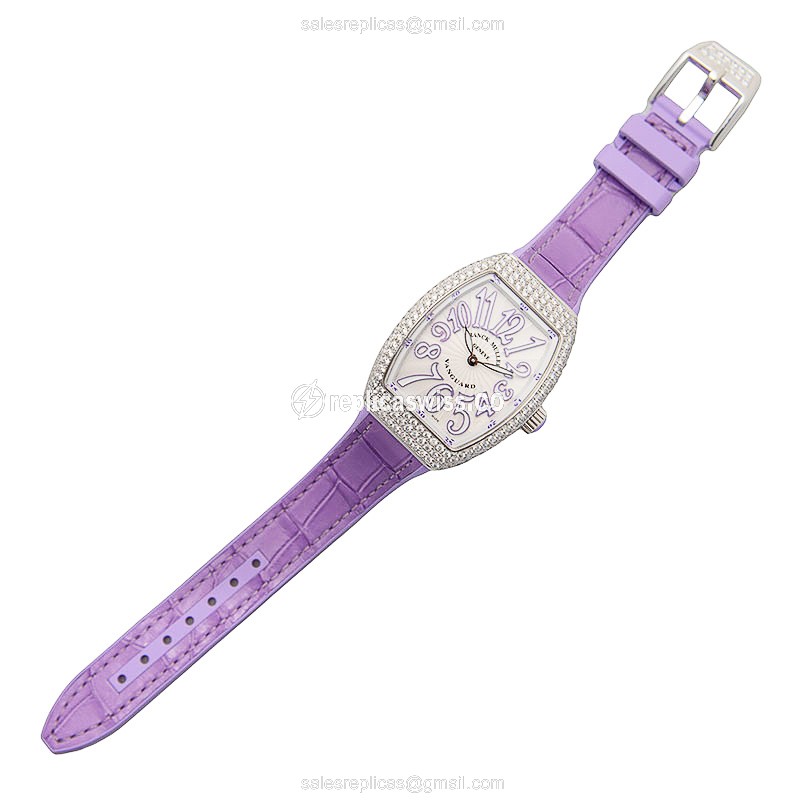 Franck Muller V32 QZ D Vanguard Quartz - Diamond Case - White Dial - Leather Purple Strap - View 2
