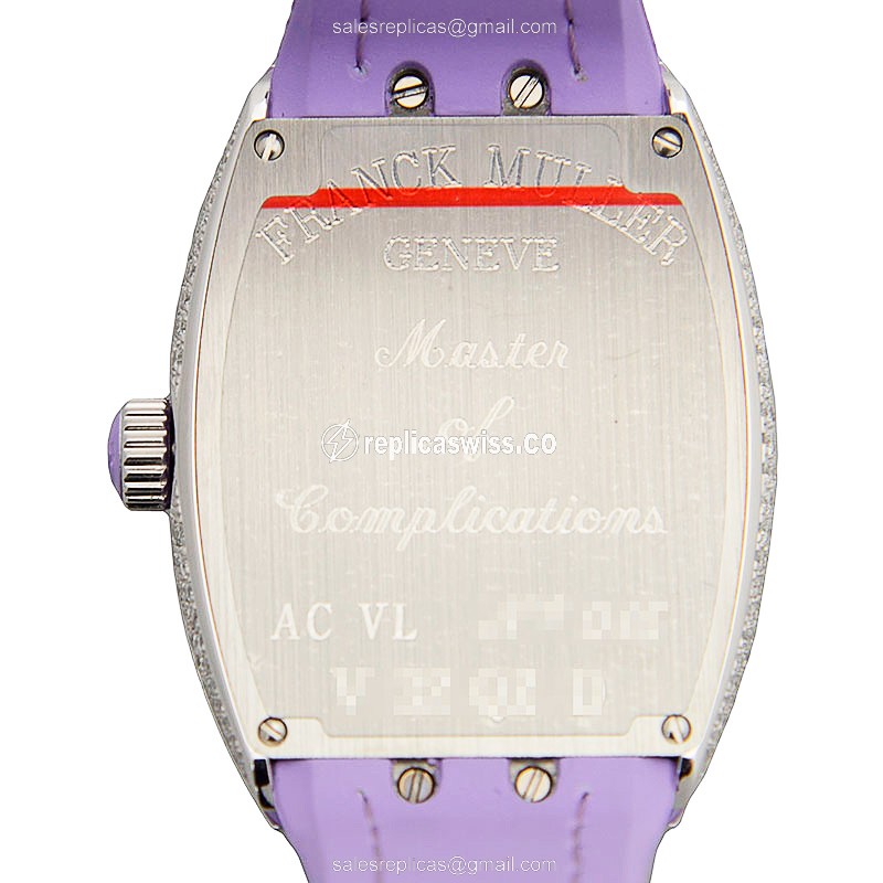 Franck Muller V32 QZ D Vanguard Quartz - Diamond Case - White Dial - Leather Purple Strap - View 3