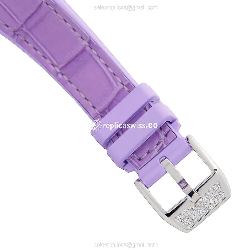 Franck Muller V32 QZ D Vanguard Quartz - Diamond Case - White Dial - Leather Purple Strap - View 4