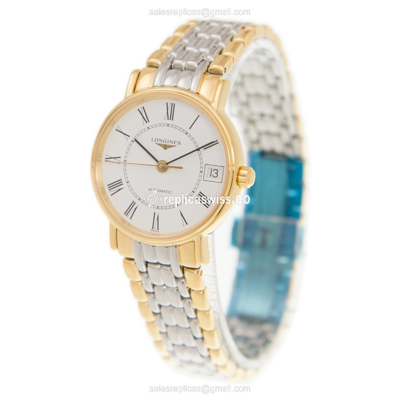 Longines Presence Replica - Automatic - White Dial, Gold Clasp & Steel Strap - View 3