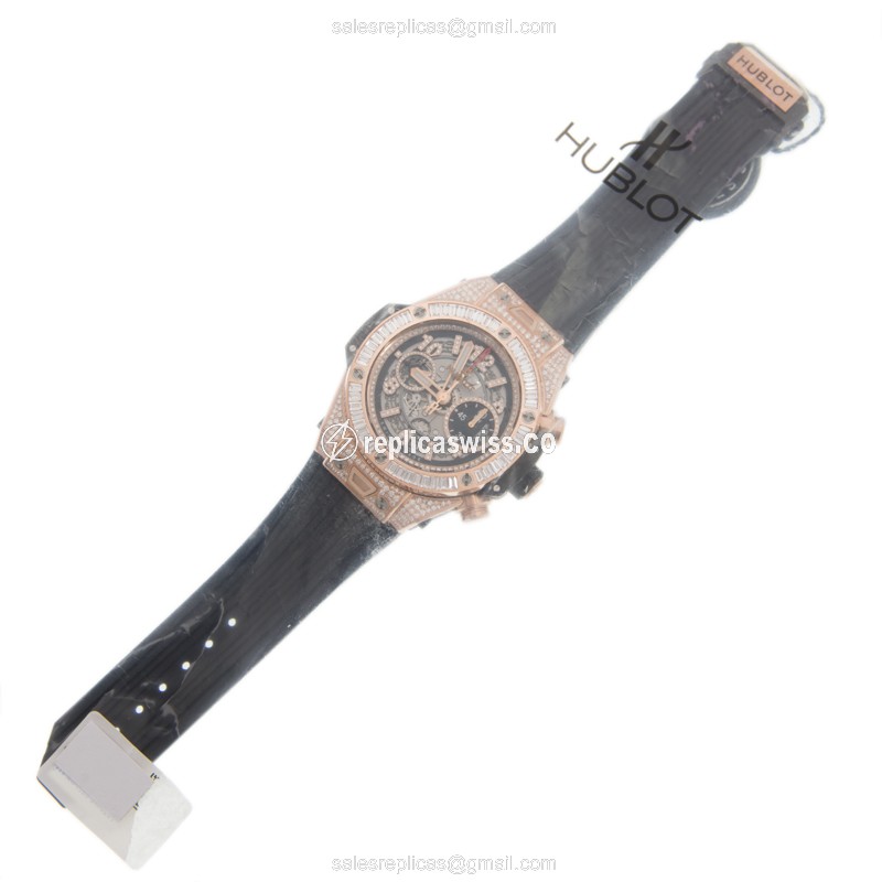 Hublot BIG BANG Replica - Automatic - 18kt Rose Gold - Diamonds - Gray Dial - Black Rubber Strap - View 2