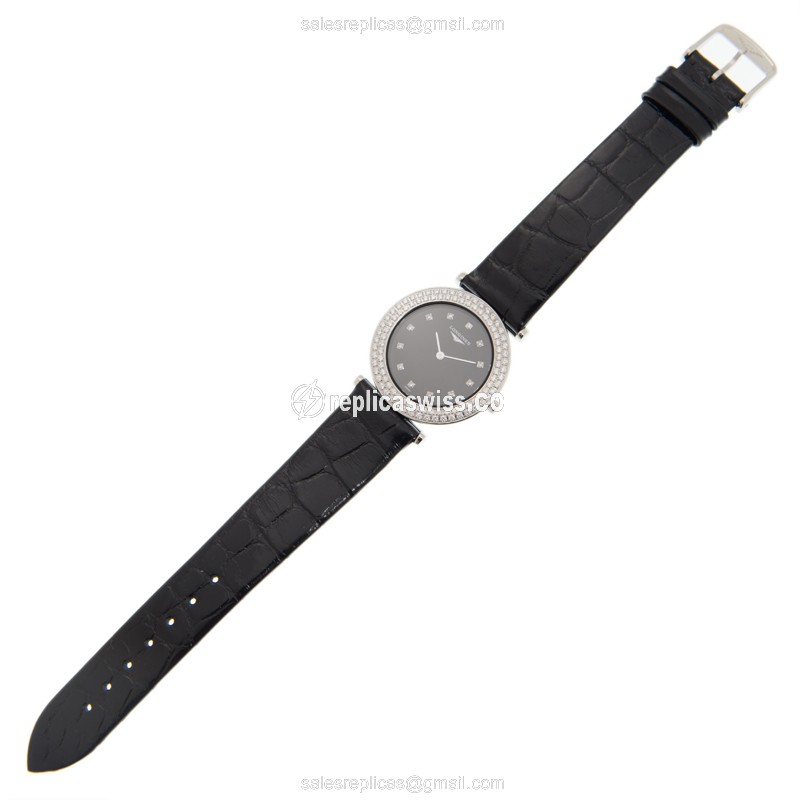 Longines LA GRANDE Replica - Quartz - Stainless Steel Case, Black Dial, Diamond Bezels - View 2