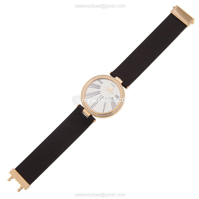 Piaget Limelight Replica - Quartz - 18kt Rose Gold - Silver Dial - Brown Silk Strap - View 2