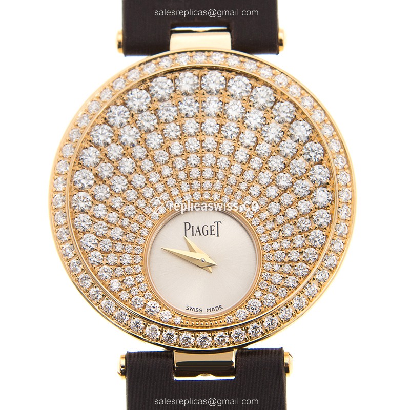 Piaget Limelight Replica - Quartz - 18kt Rose Gold - Silver Dial - Brown Silk Strap - View 3
