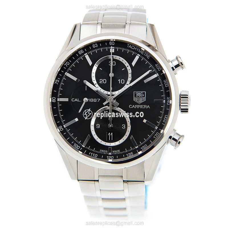 Tag Heuer CARRERA Replica - Automatic - Black Dial - Silver Steel Case - Steel Band - View 2