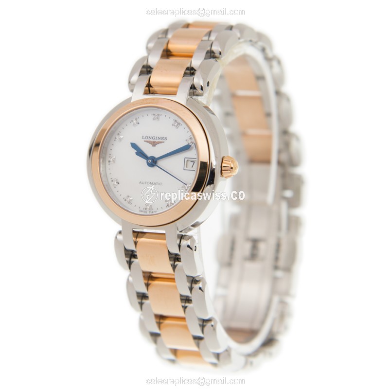 Longines Prima Luna Replica - Automatic - White Dial, 18kt Rose & Steel Case, Silver Clasp - View 3