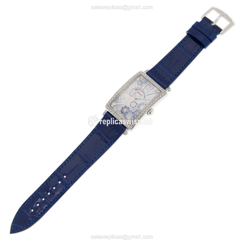 Franck Muller Long Island Replica - Quartz - Diamond Case - White Dial - Blue Alligator Strap - View 2