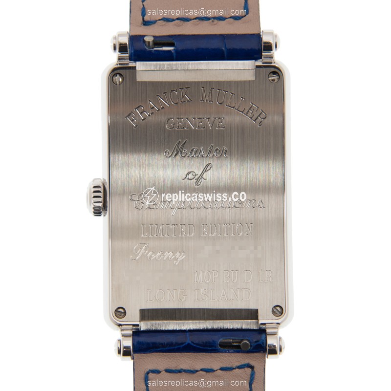 Franck Muller Long Island Replica - Quartz - Diamond Case - White Dial - Blue Alligator Strap - View 3
