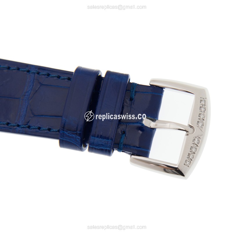 Franck Muller Long Island Replica - Quartz - Diamond Case - White Dial - Blue Alligator Strap - View 4