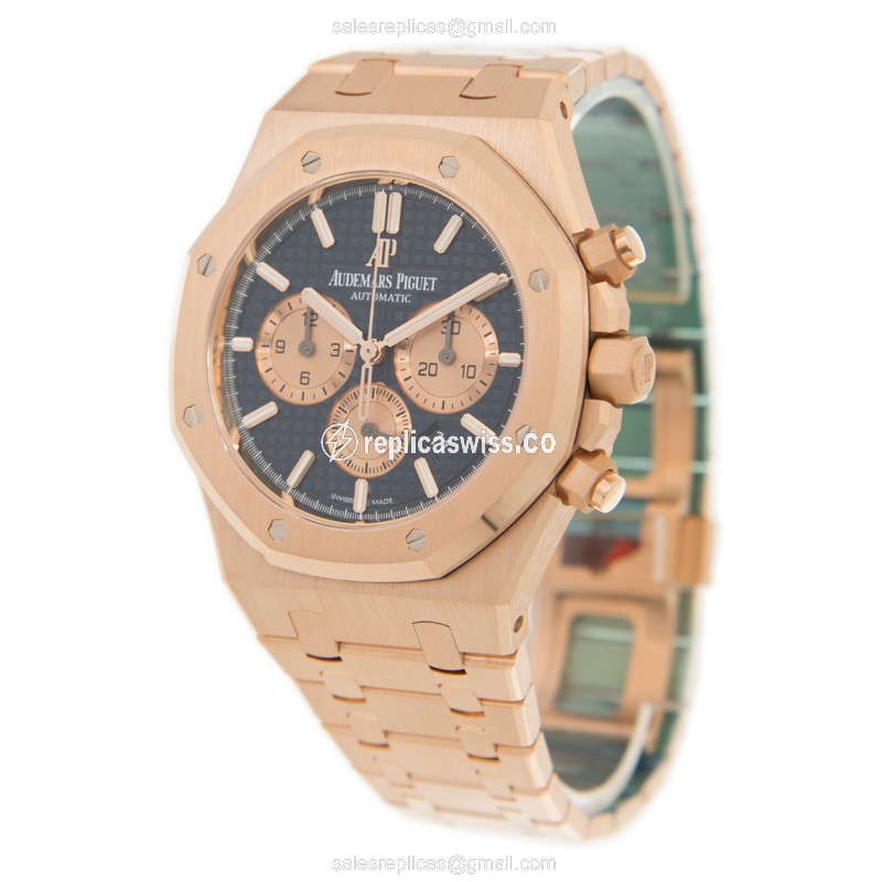 Audemars Piguet Royal Oak Replica - Automatic - 18kt Rose Gold - Blue Dial - Gold Strap - View 3