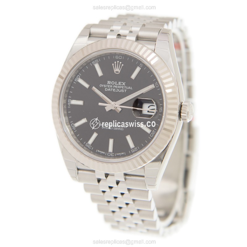Rolex DATEJUST Replica - Automatic - 18kt White Gold & Steel - Black Dial on Silver Steel Strap - View 3
