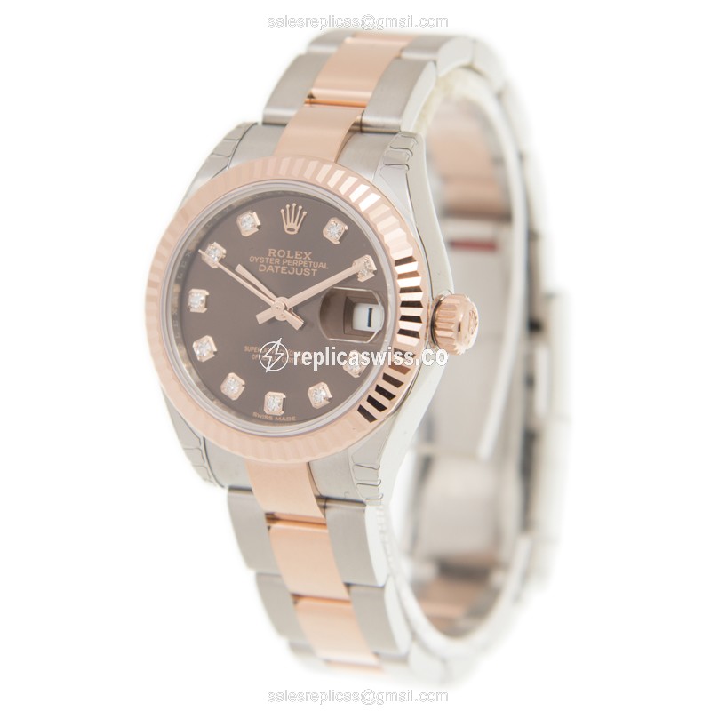 Rolex Lady Datejust Replica | Automatic | 18kt Rose Gold & Steel Case | Brown Dial - View 3