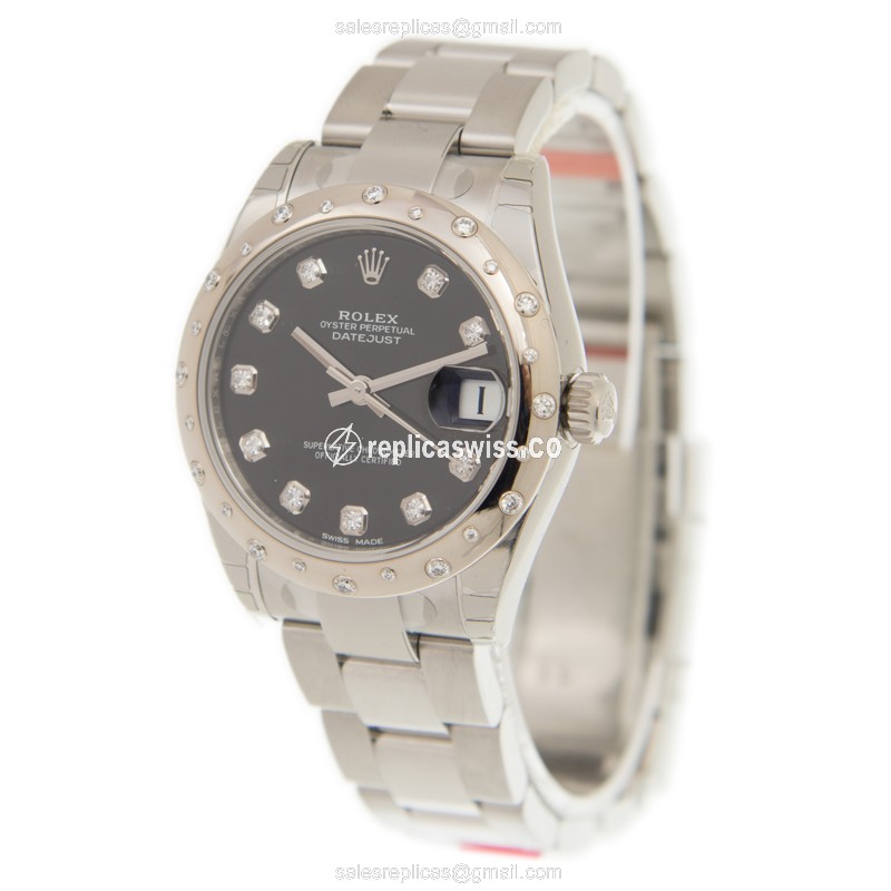 Rolex Datejust Replica - Automatic - White Gold & Steel - Black Dial, Silver Clasp - View 3