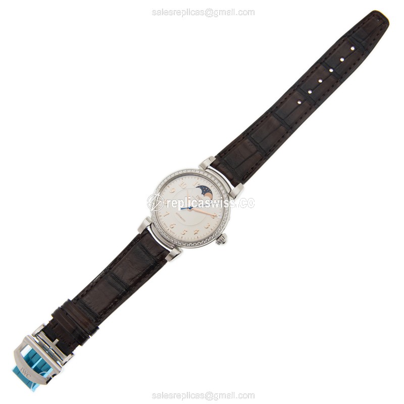 IWC W459307 DA VINCI Replica - Automatic - Stainless Steel Case & Diamonds - Silver Dial - Brown Alligator Strap - View 2
