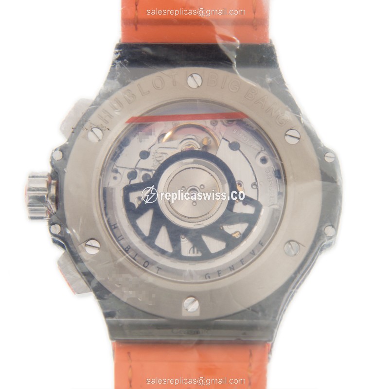 Hublot Big Bang Replica - Automatic - Ceramic - Black Dial - Orange Alligator Strap - View 3