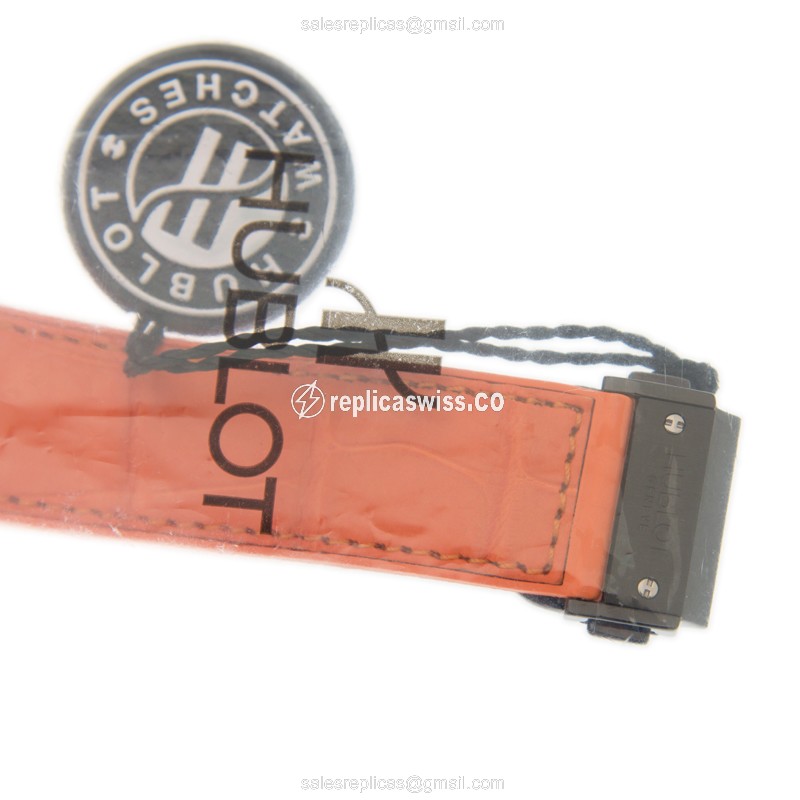 Hublot Big Bang Replica - Automatic - Ceramic - Black Dial - Orange Alligator Strap - View 4
